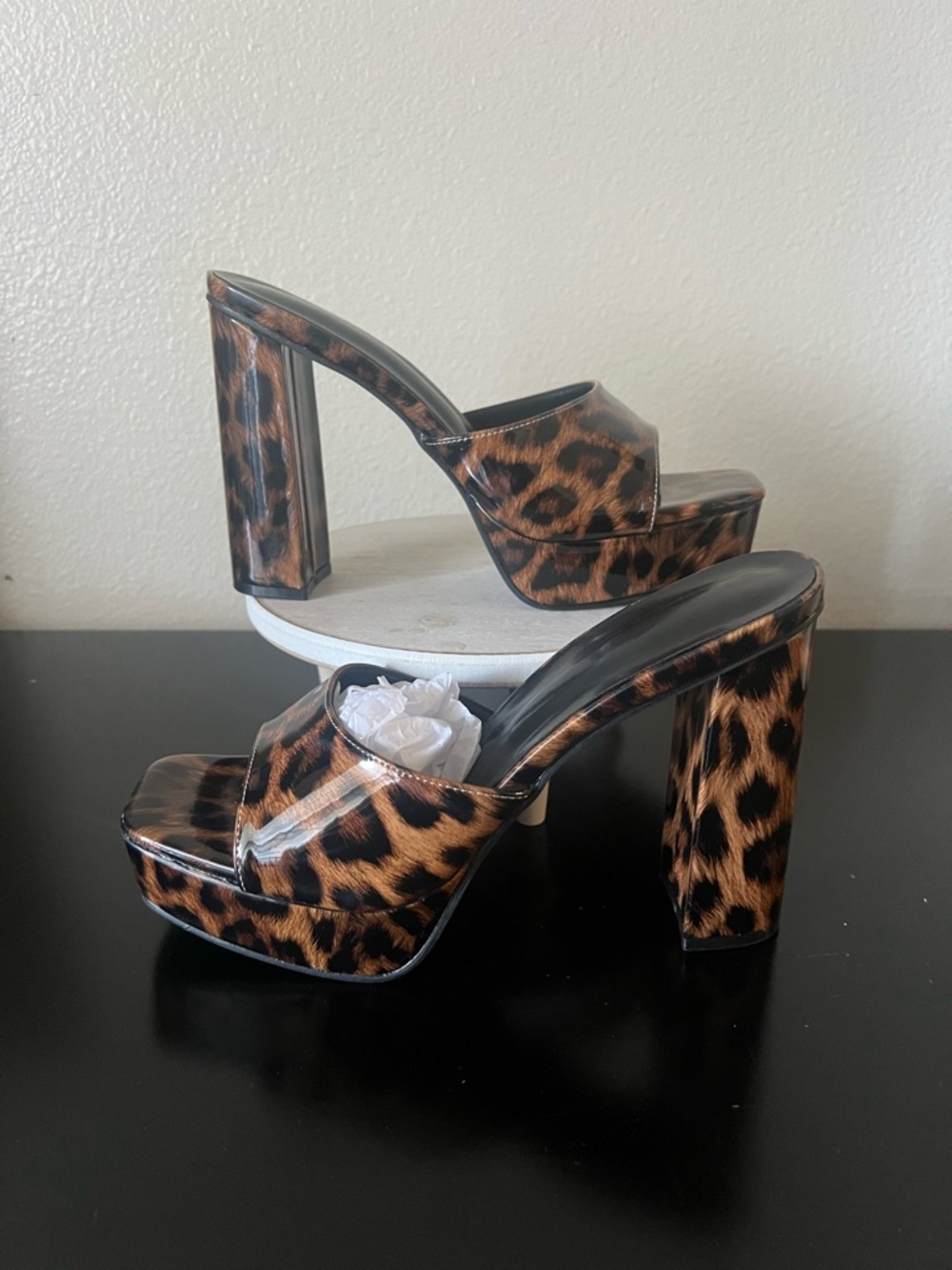 Leopard Patent Leather Animal Print Chunky Heel W/Platform Size 41/10.5